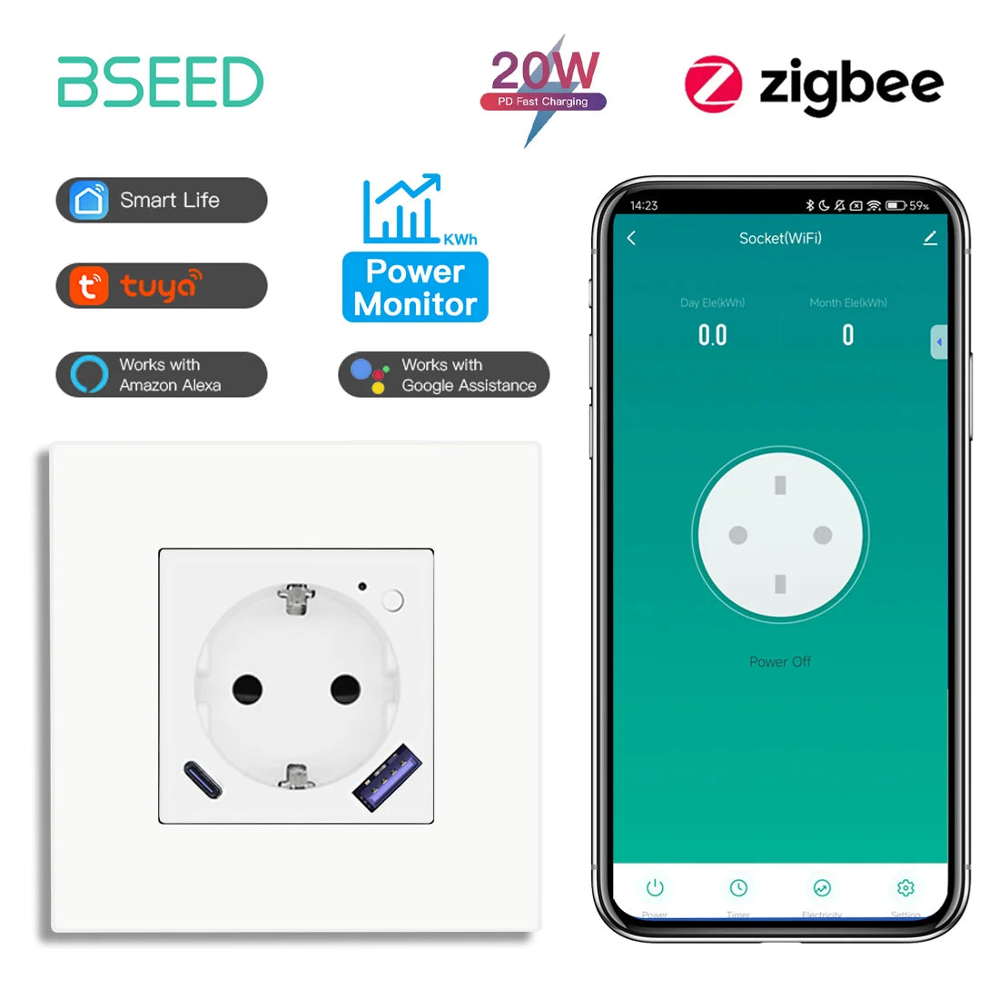 Zigbee Smart AC Socket with USB Type-C Fast Charging - MITANCO